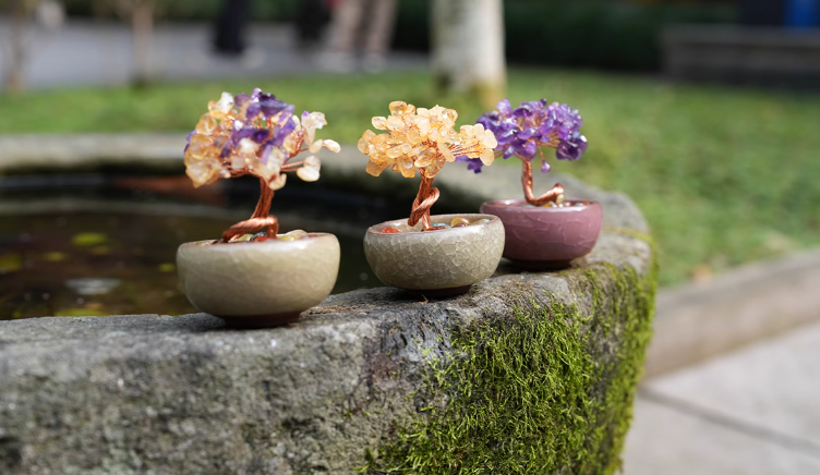 Crystal Feng Shui Copper Wire Wrapped Natural  Stone Money Tree Home Decoration