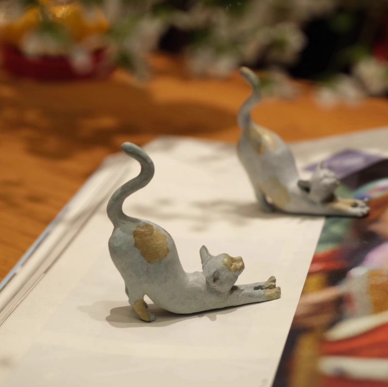 Stretching Cat Copper Sculpture