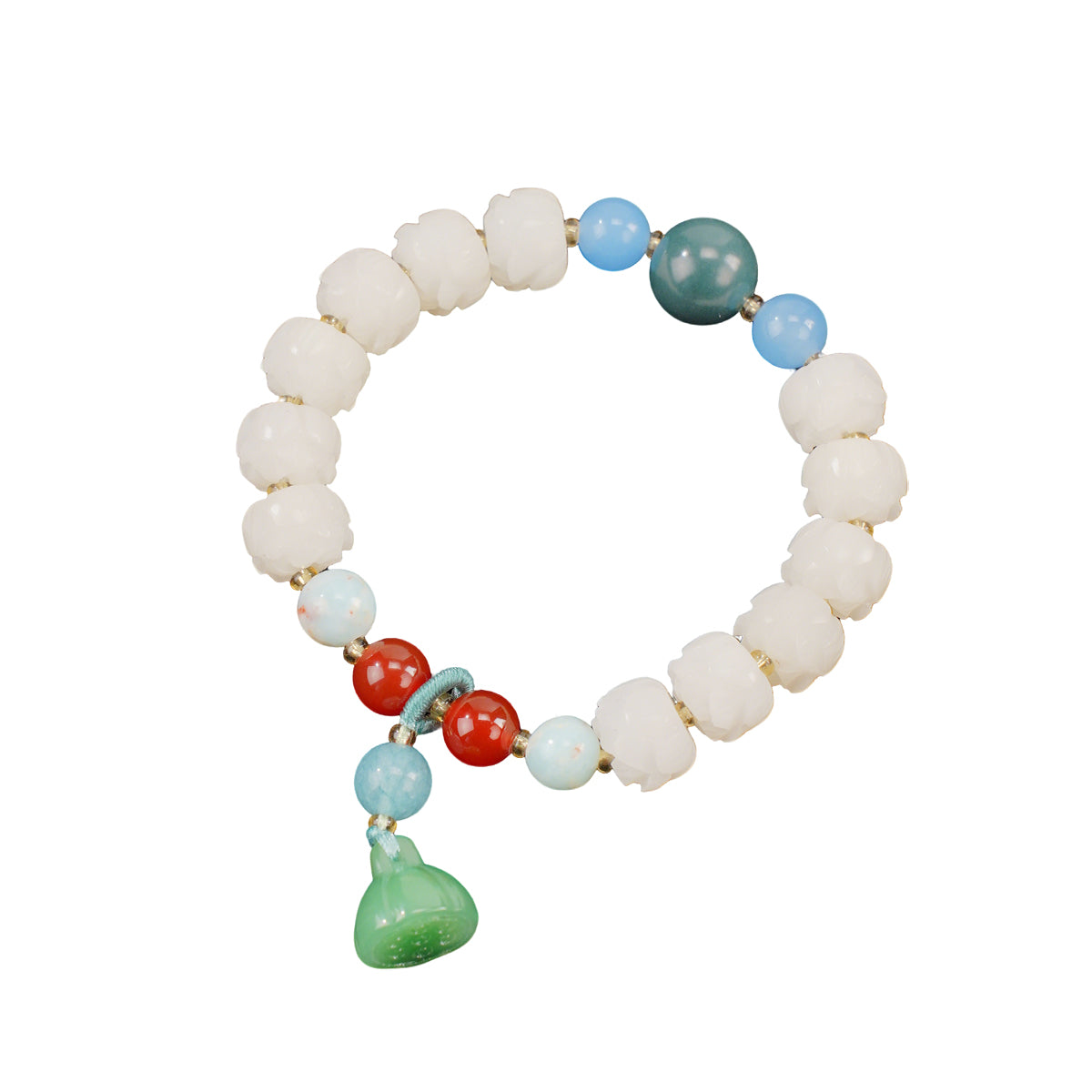 White Jade & Bodhi Seed Bracelet – Lotus and Pumpkin Beads