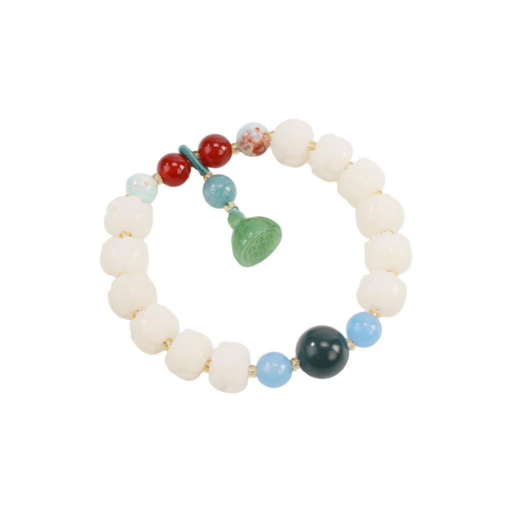 White Jade & Bodhi Seed Bracelet – Lotus and Pumpkin Beads