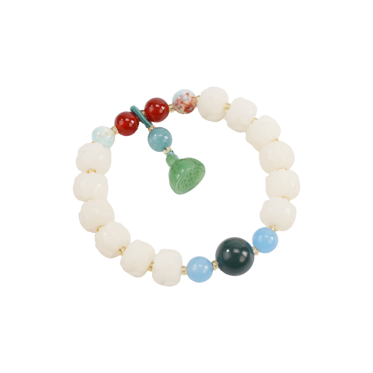White Jade & Bodhi Seed Bracelet – Lotus and Pumpkin Beads