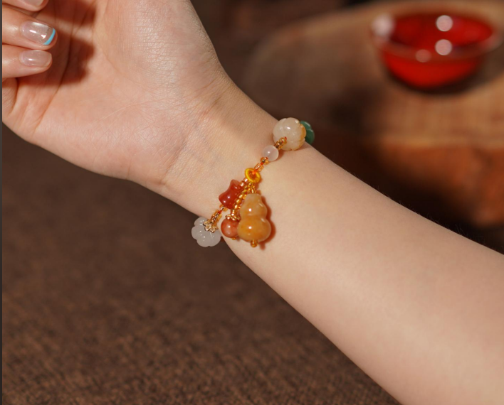Pumpkin Bead Bracelet in Golden Silk Jade
